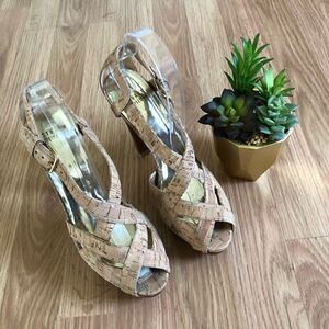 Stuart Weitzman Cork Open Toe Buckle Stacked Heels